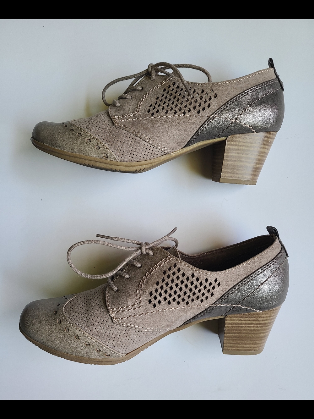 Jana Women's Taupe Lace-Up Block Heel Oxfords — Comfortable Dress Heels